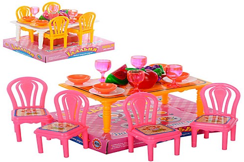 Їдальня 967 (180шт) стіл, 4 стільця, посуд, фрукти, 2 кольори, в слюді, 13-10-9 см
