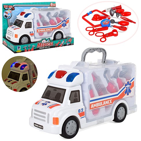 Машинка 661-172 (18шт) швидка, інструменти, світло, муз., бат.(таб.), кор., 35-23-14,5 см.