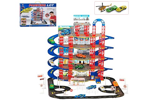 Гараж 0908-32 (12шт) оверхів, машинка 2шт, гелікоптер, дорожні знаки, в кор-ці, 62-45-5см