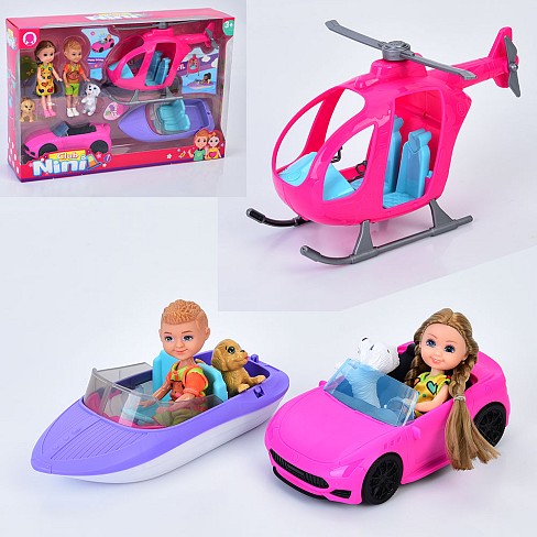 Лялька 55881 (18шт) 2шт, 14см, собачки 2шт, вертоліт 23см, човен, машина, в кор-ці, 42,5-29-10см