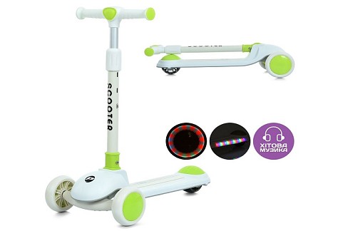 Самокат JR3-126-GR (1шт) Mini, метал+пластик, 3 колеса PU, 2пер120мм світло, задн 90мм світло, кермо