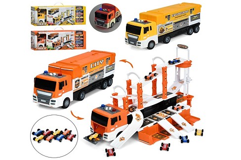 Гараж 660-S19-20 (8шт) трейлер 42см-інерц, гараж/трек 50-38-в31см, звук, світло, машинки 8шт 4,5см,