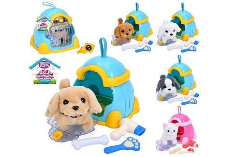 Тварина в переносці 032-33 (32шт) 16см, звук, ходить, аксесуари, 2 види (кіт, собака)/мікс кольорів,