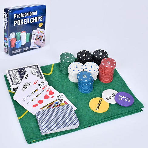 Гра TD202331 (8шт) покер, фішки 400шт з номіналом, карти 2 колоди, сукно, в кор-ці(метал), 27-27-6см