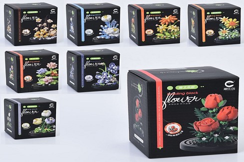 Конструктор 7237-7241/7231-7233 (60шт) квіти у колбі, 8,6-8,6-10,5см, від 160дет, 8 видів, в кор-ці,