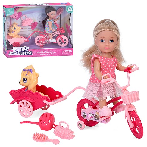 Лялька 3806 (36шт) 11см, шарнірні ноги, велосипед з возиком, собака 5см, аксесуари, 2 види, в кор-ці