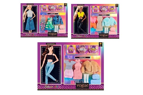 Лялька FD0415-16-17 (18шт) лялька з вбранням, 30см, шарнірна, сумки, валіза, взуття, 3 види, в кор-ц