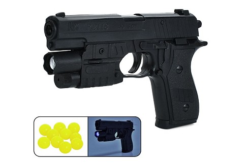 Пістолет K2118-G+ (72шт) 18см, пластикові кулі, лазер, світло, на бат(табл), у пакеті, 16-22-3см