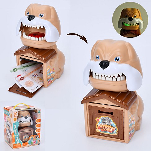 Скарбничка MK 5422 (12шт) собака, 24см, музика, звук (англ), затягує купюри, 2 кольори, на бат-ці, в