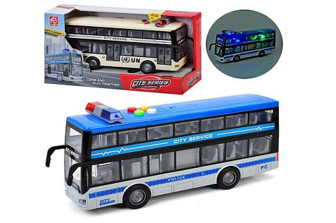 Автобус RJ5514AC (12шт) інерція, двоповерховий, 28см, 1:16, відчиняються двері, звук, світло, гумові