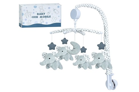 Карусель на кроватку HB 0085 (8шт) заводна, музика, підвіски 5шт(слон 4шт, місяць, плюш), в кор-ці,