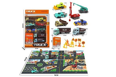 Набір машин KX 09-8 (72/2) металопластик, 8 шт., будівельна техніка, декорації, карта з вулицями, у