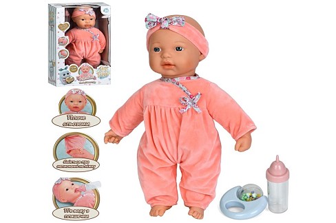 Лялька 16390 (10шт) пупс, 40см, м'яконабивна, інтерактивна, звук, плаче(сльози), пляшечка, брязкальц