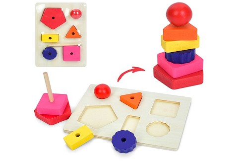 Дерев'яна іграшка Пiрамiдка MD 1384 (40шт) 2в1(рамка-вкладиш), ігрове поле 18-13см, фігури 6шт, у па