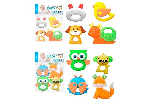 Брязкальце 004-3-4 (48шт) набір 4шт (тварини, комахи), від 7см, прорізувач, 2 види, у пакеті, 17,5-2