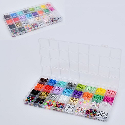 Бісер 1186-9 (48шт) намистини(літери англ, смайли, квіти, зірки), волосінь, у пеналі, 26-13-2см