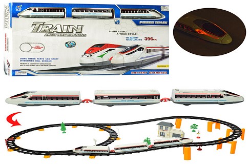 Залізниця 2936A-11 (12шт) 396см, локомотив 2шт, вагон, 17см, будівля, дерева, світ, на бат-ці, в кор