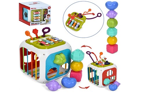 Гра 688-74 (36шт) куб, 14-15-16см, 7в1, развиваючий, грані-резинки, ксилофон-4 тони, рухливі деталі,