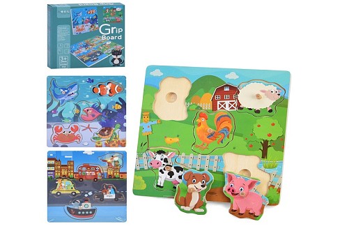 Дерев'яна іграшка Рамка-вкладиш MD 0153 (60шт) з ручкою, 5 фігур, ігрове поле 15-15см, 3 види, у кор