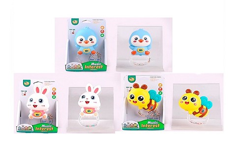 Брязкальце 855-187D-188D-190D (72шт) 13см, музика, звук, світло, 3 види(пінгвин, зайчик, бджола), на