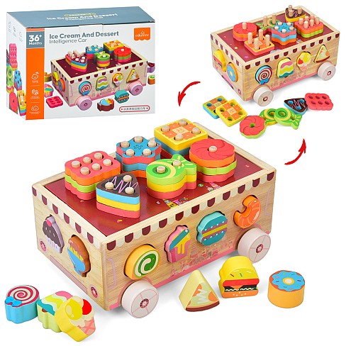 Дерев'яна іграшка центр розвиваючий MD 0893 (12шт) машина 21,5-16-в11,5см, сортер, фігури (солодощі)