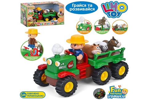 Трактор M 6303 (12шт) з причепом, 25,5см, музика/звук (укр), світло, їздить, знімна фігурка фермера