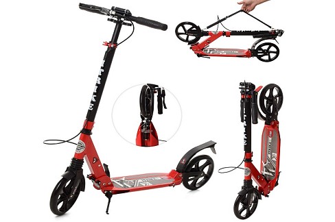 Самокат SR 2-018-9-R (1шт) доросл.,алюм.,кол.2шт.ПУ200мм.,кермо77-100см,ручне гальмо,замок,червоний,