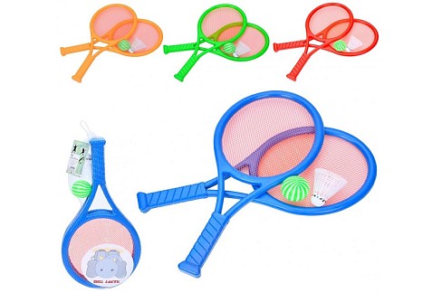 Ракетка MR 1168 (24шт) дитяча 2шт, 43см, м'ячик пластик, воланчик, 4 види, в сітці, 49-20-6см