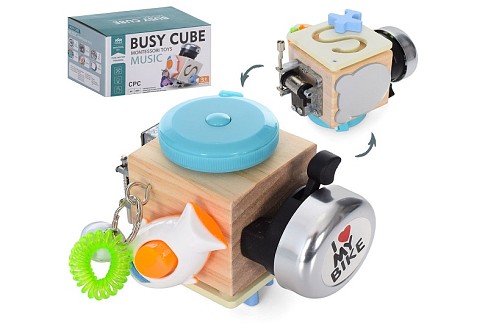 Дерев'яна іграшка Бізіборд MD 1760 (20шт) бізікуб, лабіринт, дзвінок, музика(заводна), вмикач, рулет