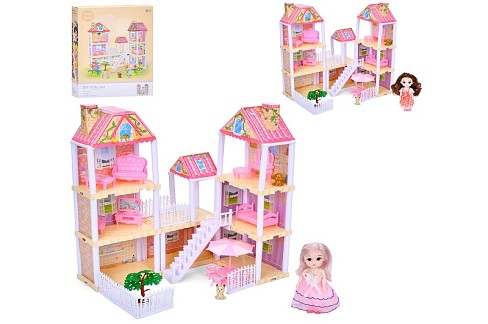 Будиночок 666-5AA-1-16 (16шт) 3 поверхи, меблі, лялька 15см-шарнірна, собачки, 2 види, 133дет, в кор