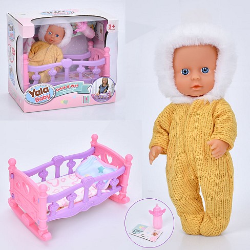 Пупс YL2420A-C (24шт) 21см, п'є-пісяє, ліжечко 24-14-14см, подушка, ковдра, пляшечка, в кор-ці, 25,5