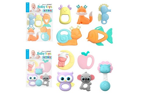 Брязкальце 009-2-3 (48шт) набір 5шт (тварини), від 8см, прорізувач, 2 види (морські мешканці, яблуко