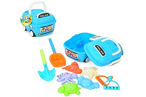 Набір для пісочниці 666-137TP (72шт) машина/ящик, 2 лопати, формочки-морські мешканці 5шт, наліпки,
