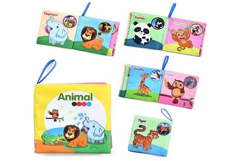 Книжка  316 (300шт) тварини, 11-11-2см, петелька, шуршить, тканина, назви на англ., пакет, 11-11-2см