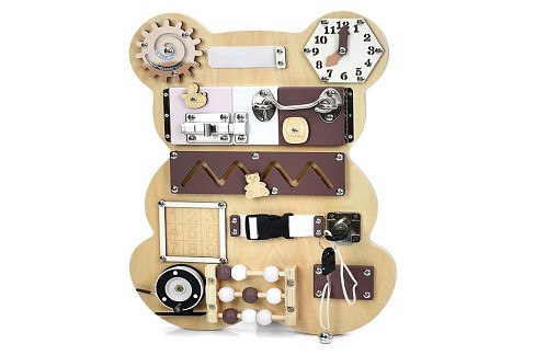 Дерев'яна іграшка Бізіборд MD 1528 (4шт) ведмідь, 39-30-4см, годинник, засуви, застібки, рахунки, за