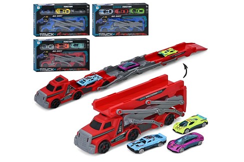 Трейлер LH853-58 (36шт) 23,5см/60см, 2в1(трек), запуск, машина 3шт (7см, метал), 4 види, в кор-ці, 2