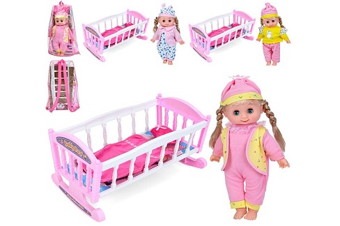 Ліжечко з лялькою 066-138 (24шт) ліжко 22-36-в21см, 34см, м'яконабивна, музика, 3 види, бат(табл), р