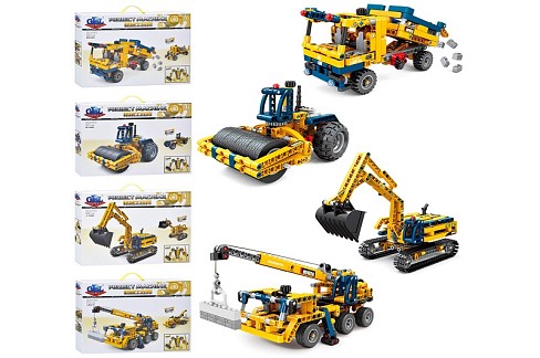 Конструктор KY1077-78-79-80 (12шт) будівельна техніка, 4 види (2в1), від 207дет, в кор-ці, 51-35-7см