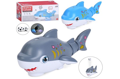 Музична іграшка 683B (30шт) акула, 25см, музика, світло, їздить, видуває повітря, м'яч 2шт(пінопласт