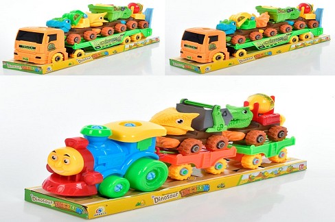 Конструктор 8883-85 (24шт) на шурупах, машинка-динозавр 11см, викрутка, ключ, 2 види(потяг, трейлер)