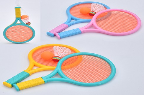 Ракетка MS 4380 (42шт) дитяча, 2шт, 35,5см, 2 кольори, волан, м'ячик пластик 5см, 2 кольори, у сітці