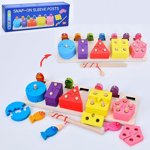 Дерев'яна іграшка геометрика MD 0866 (18шт) фігури-пазли, рибалка(магнитна, 1 вудка, рибки 7шт), в к