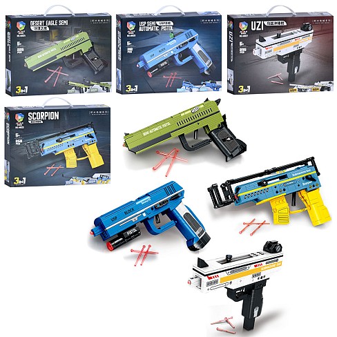 Конструктор E46024-25-26-27 (36шт) пістолет, від 225 до 312 деталей, 4 види, 3в1, в кор-ці, 38-28-6,