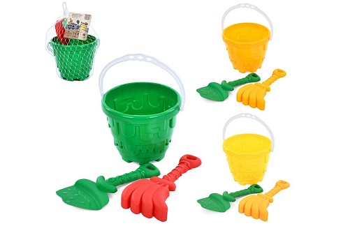 Набір для пісочниці 295-37 (36шт) відро 13см, лопатка, граблі, мікс кольорів, в сітці, 25-15-13см