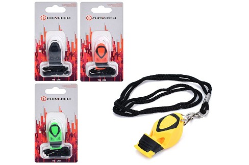 Свисток MS 4417 (60шт) 5,5см, пластик, шнурок, 4 кольори, на листі, 8,5-17-2,5см