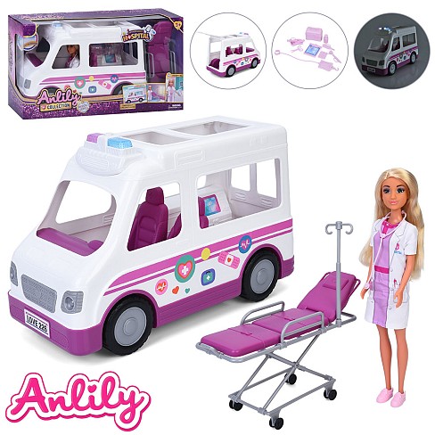 Лялька 636119 (8шт) лікарка, 28см, машина/швидка допомога (37см, звук, світло), каталка медична 25см