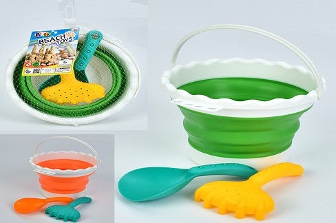 Набiр для пiсочницi JX6892 (50шт) відро-трансформер 16см (складене-7см), лопатка, граблі, 2 кольори,
