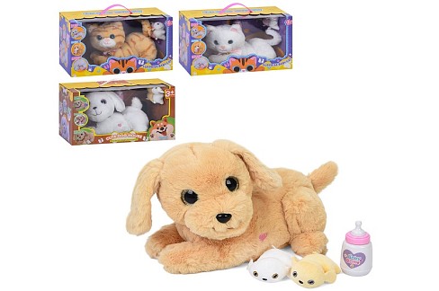 М'яка іграшка 933-81-140E (8шт) 25-17-20см, сенсорна, звук, малята (2кошенят або 2цуценят), пляшечка