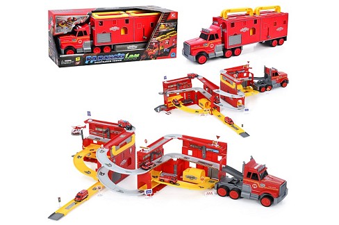 Гараж XG879-121 (6шт) 2в1(трейлер 59см), транспорт, 1:64, звук, світло, дорожні знаки, на бат(табл),