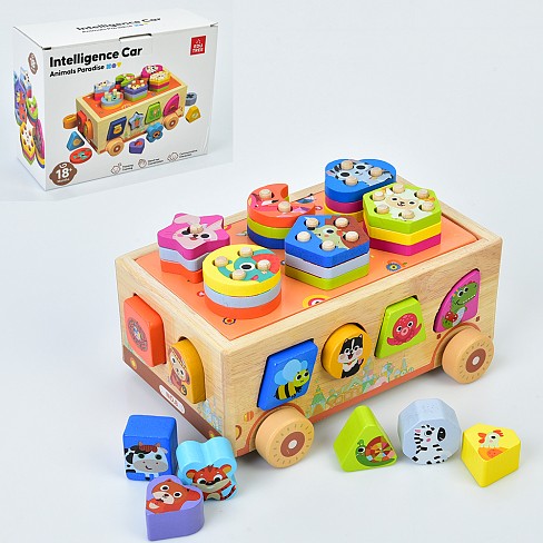 Дерев'яна іграшка Центр розвиваючий MD 0892 (12шт) машина 21,5-16-в11см,сортер, фігури 12шт, геометр